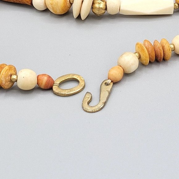 Wooden Brown White Beaded Chunky Necklace Gold Tone Metal Hook Clasp 28 in - Picture 10 of 10